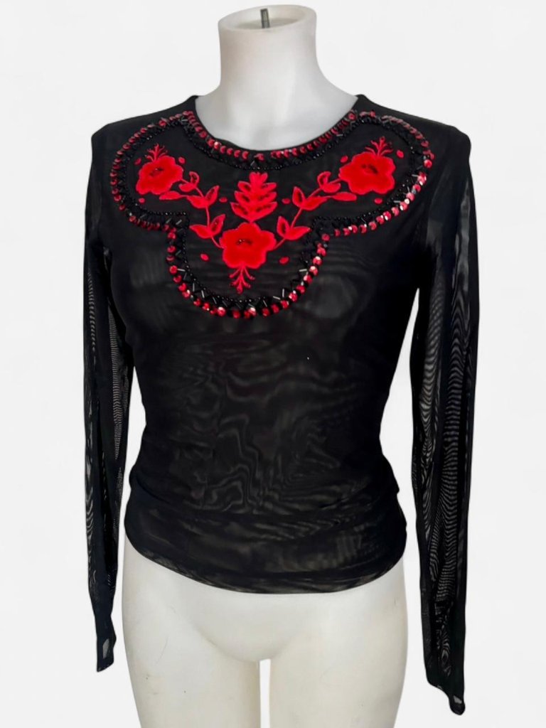 Moda International Black Long Sleeve Sheer Top With Red Detailing.